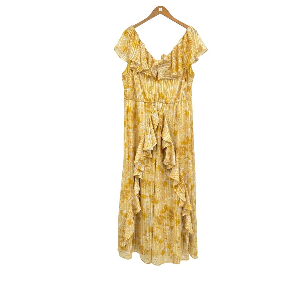 Eloquii Golden Yellow Floral Metallic Stripe Ruffle Sleeveless Maxi Dress - Picture 9 of 13